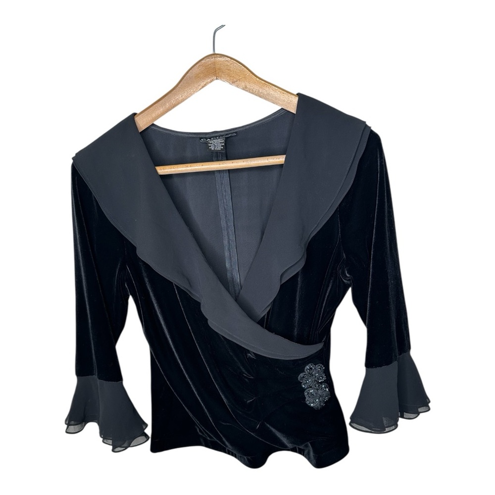 Vintage Black Velvet Formal Wear Top Chiffon Trim Size 14 Petite Whimsygoth